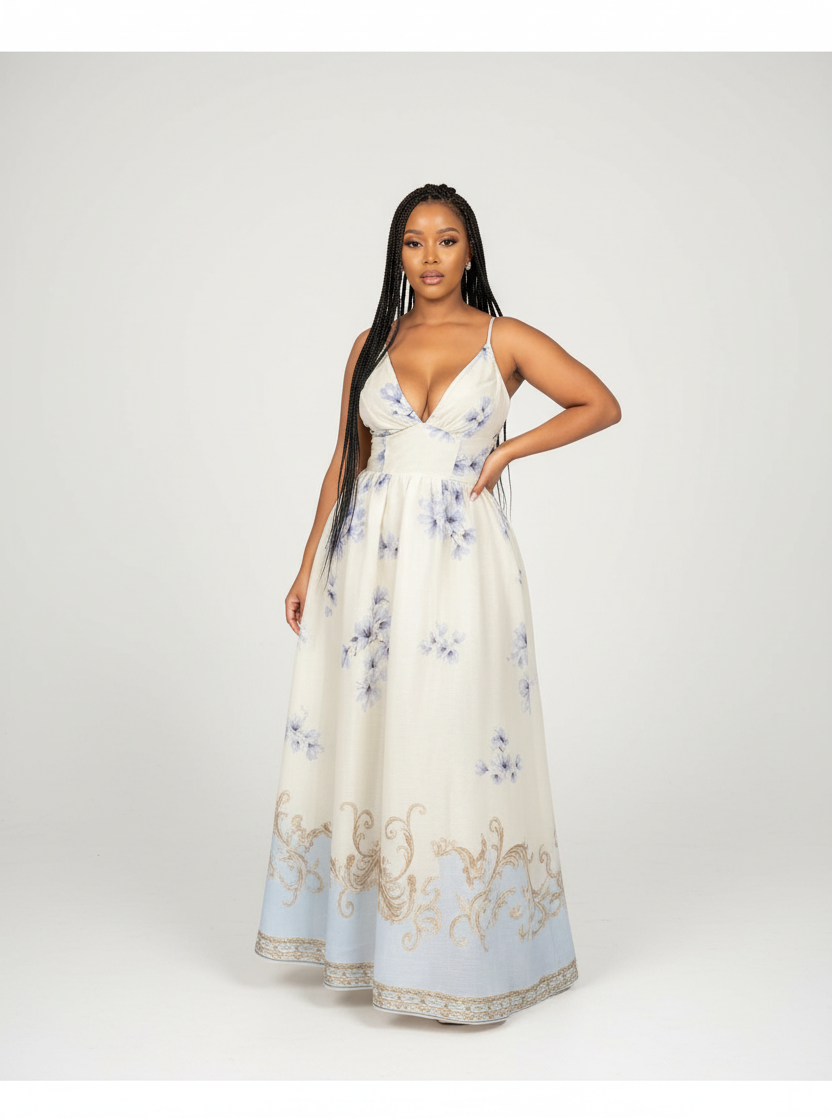 Deep V-Neckline Floral Maxi Dress