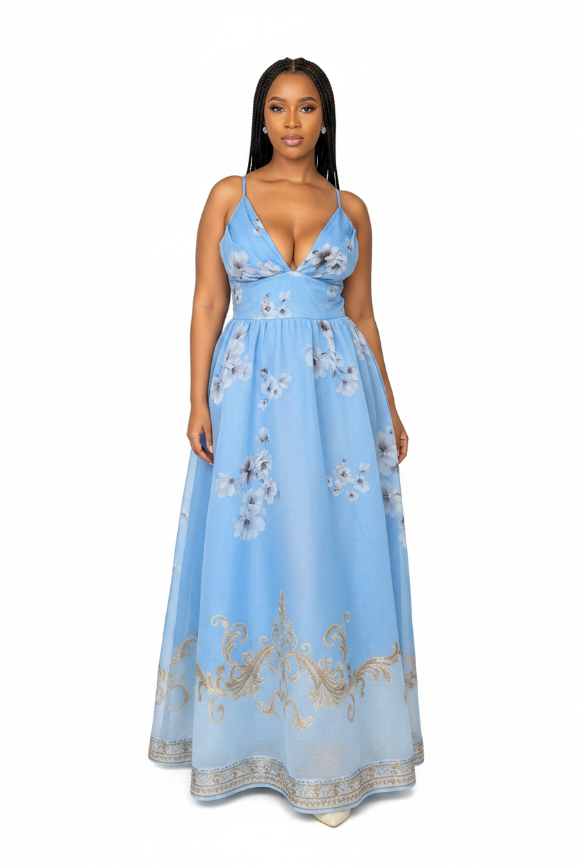 Deep V-Neckline Floral Maxi Dress