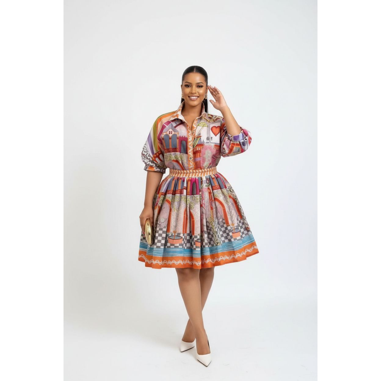 Summer Multi-Pattern Turn-Down Collar Top & Pleated Skirt Set