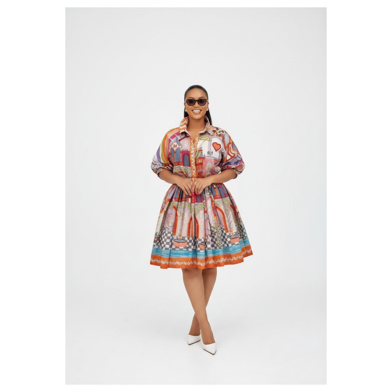 Summer Multi-Pattern Turn-Down Collar Top & Pleated Skirt Set