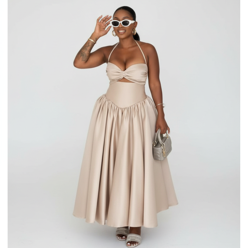 Plus Size Halterneck Cut-Out Corset Maxi Dress