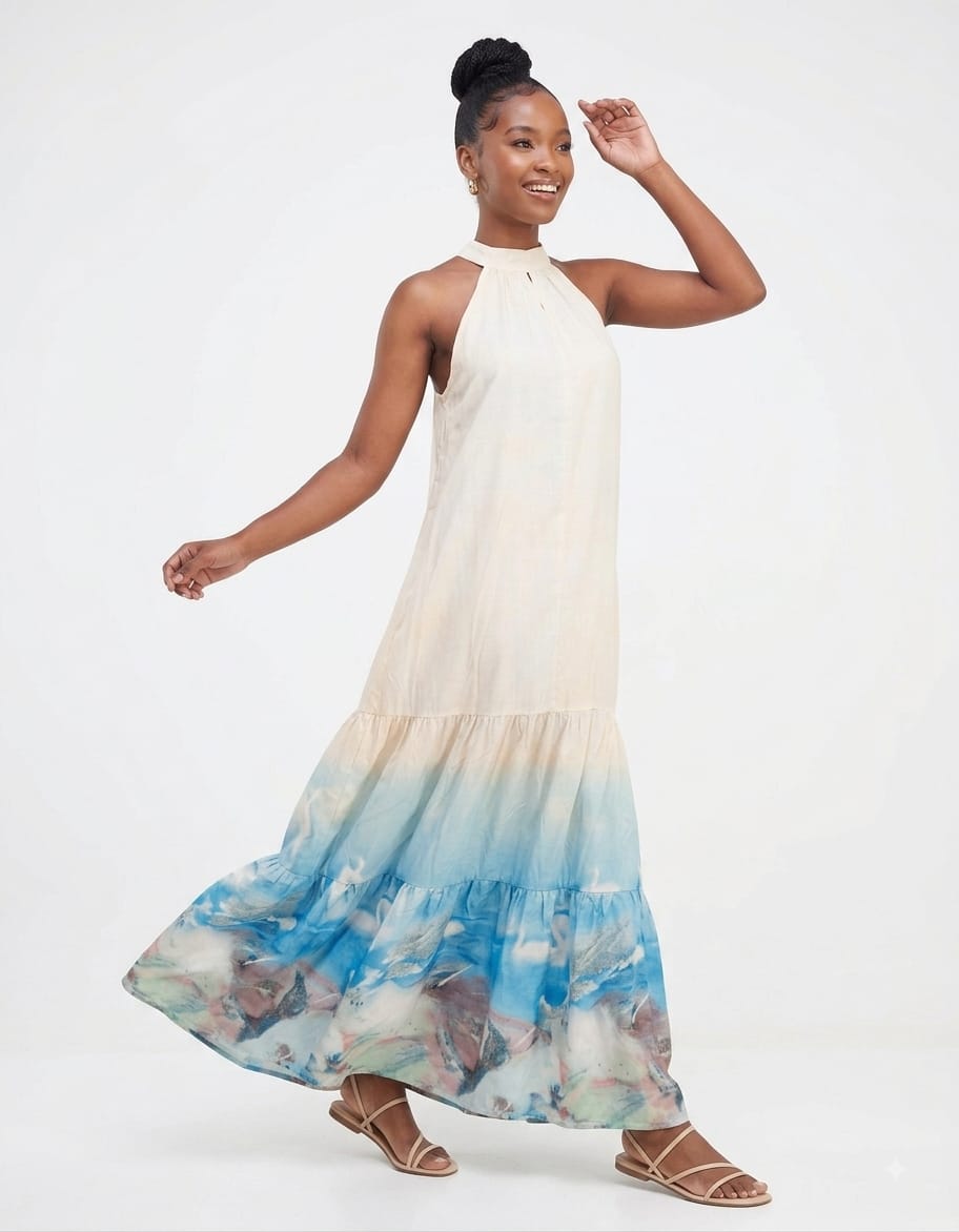 Striking Blue Halter-Neck Maxi Dress