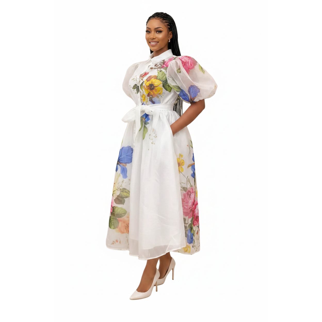 Floral Puff Sleeve Midi Shirt Dress