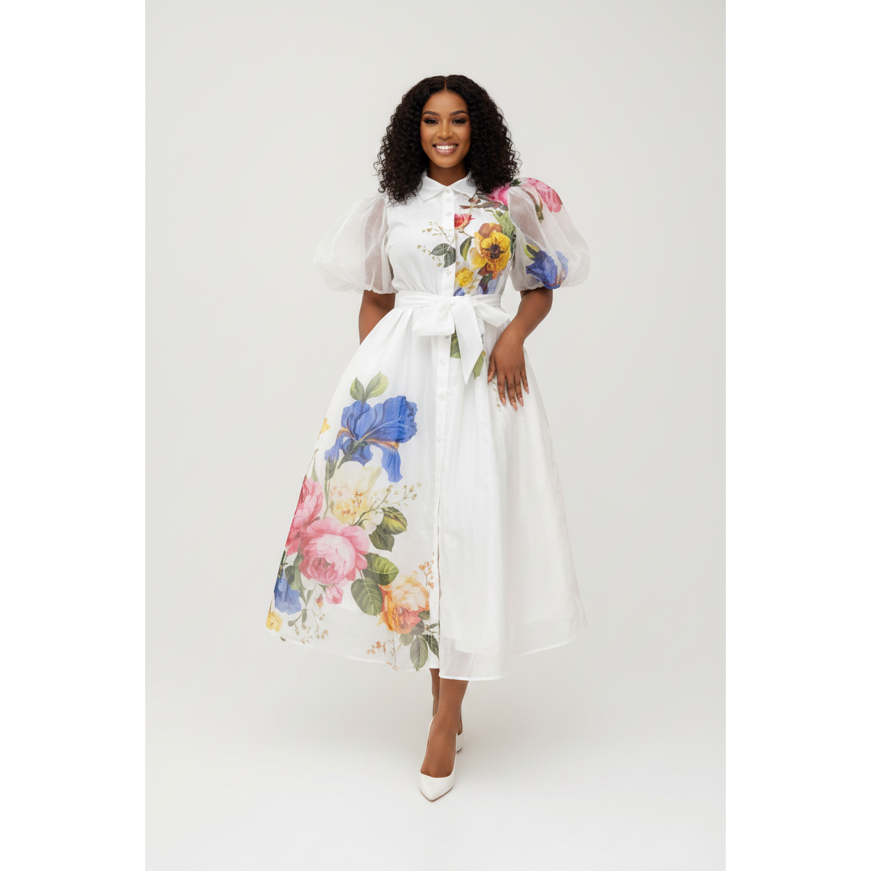 Floral Puff Sleeve Midi Shirt Dress