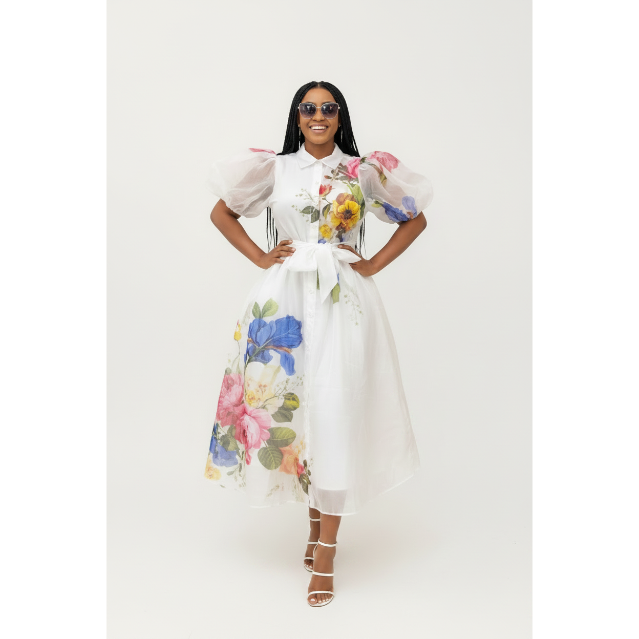 Floral Puff Sleeve Midi Shirt Dress