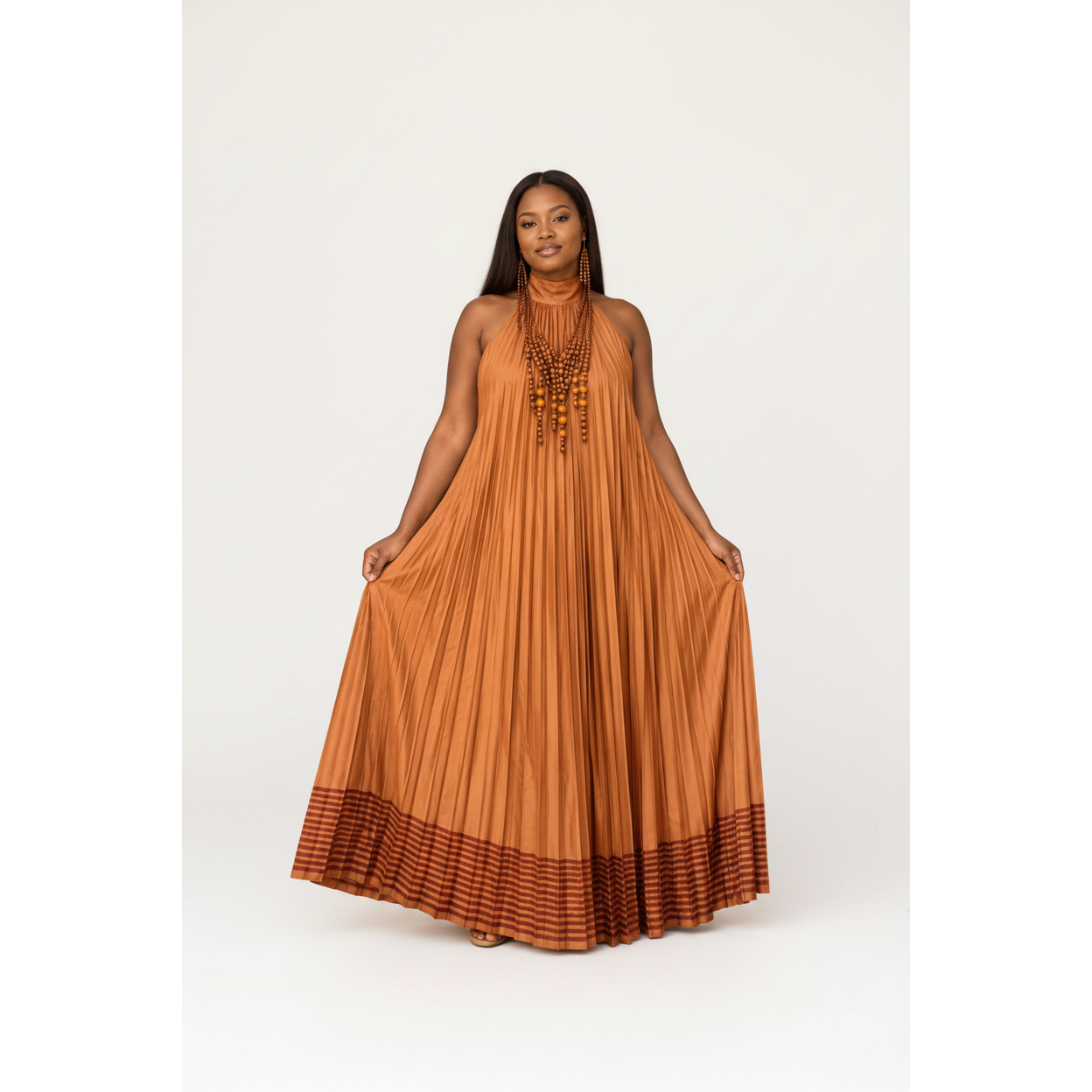Summer Burnt-Orange Flowy Pleated Maxi Dress