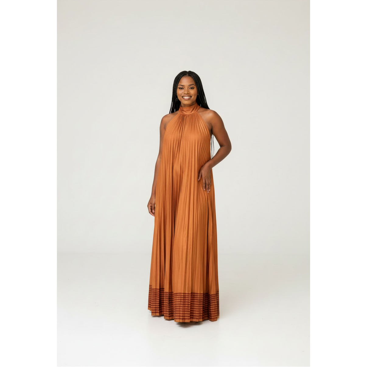Summer Burnt-Orange Flowy Pleated Maxi Dress