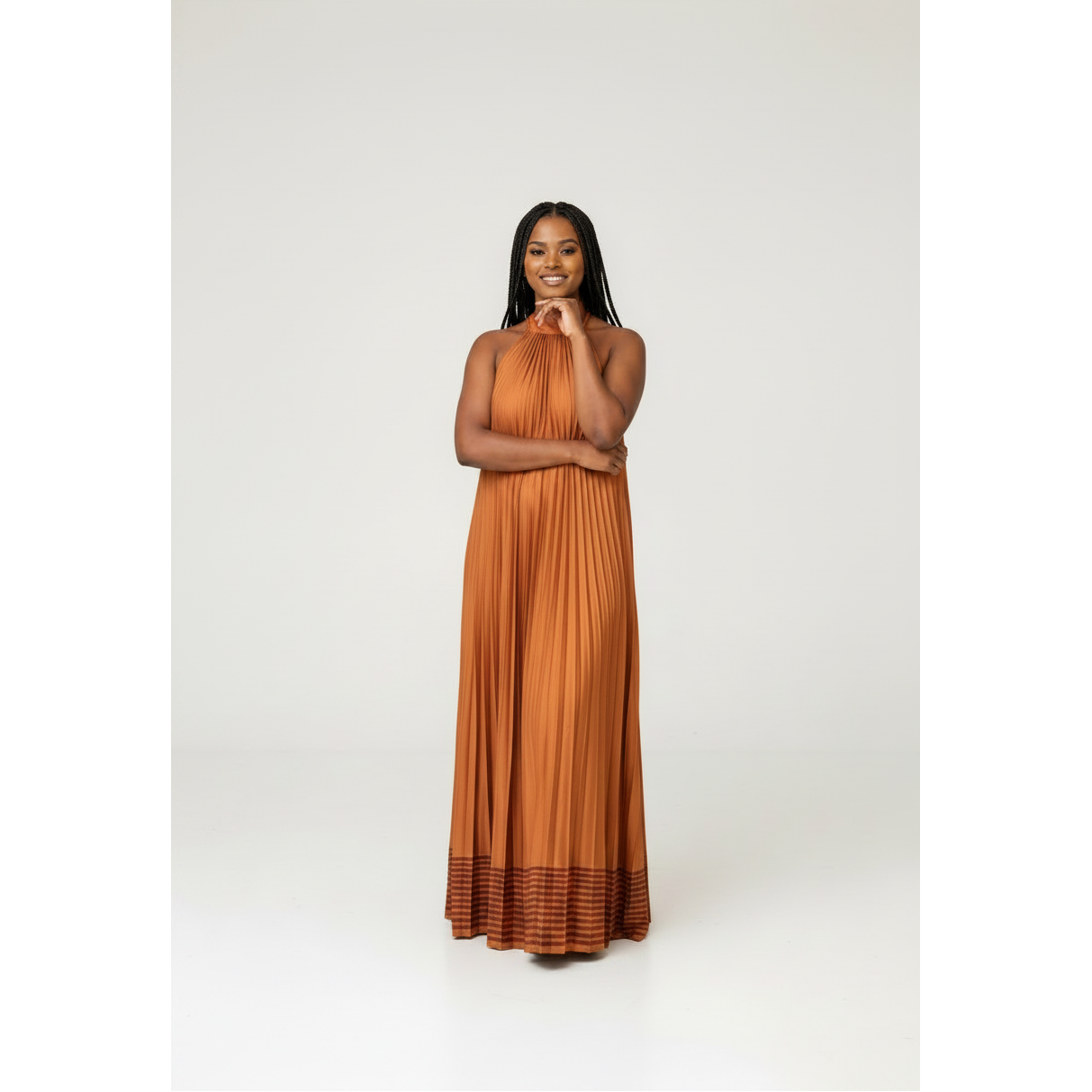 Summer Burnt-Orange Flowy Pleated Maxi Dress