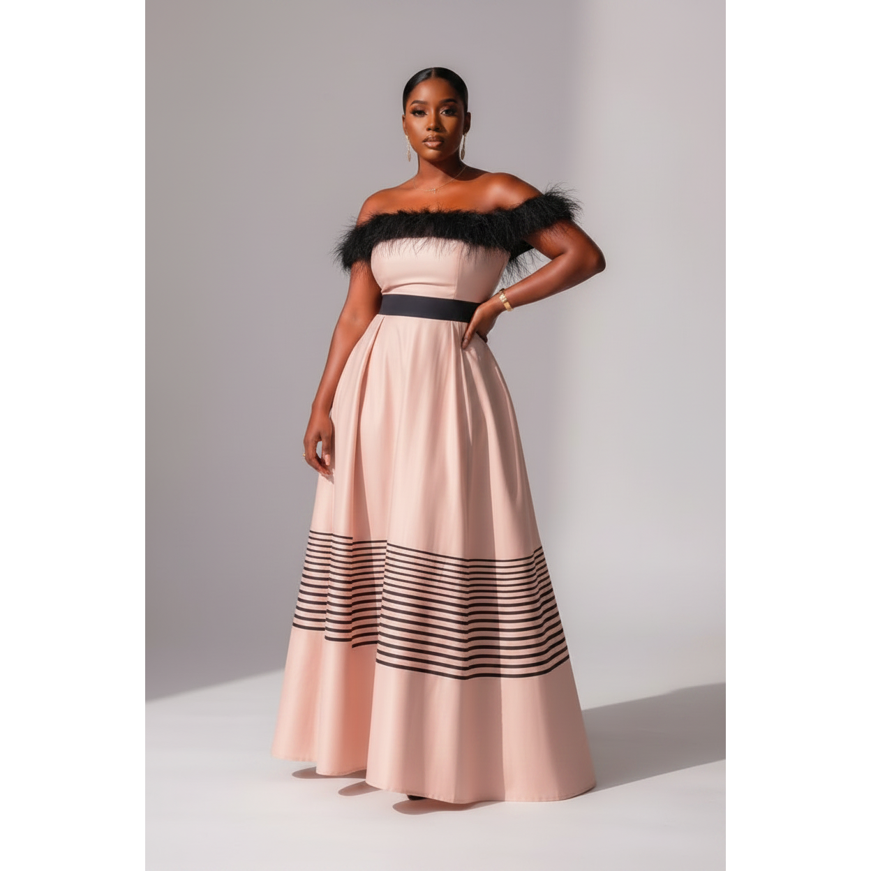 Off Shoulder Fur Traditional Maxi Dress