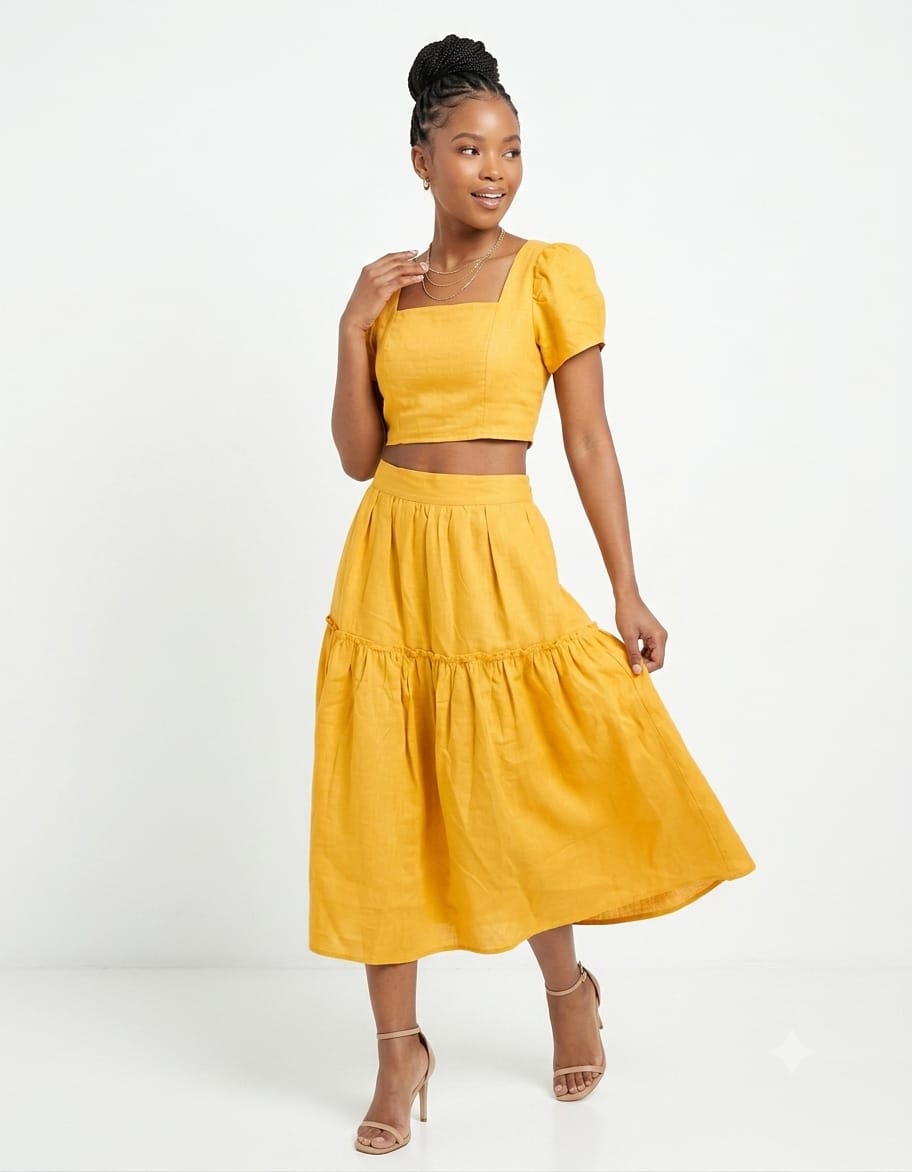 Puff Sleeves Square-Neck Crop Top & Tiered Midi Skirt Set