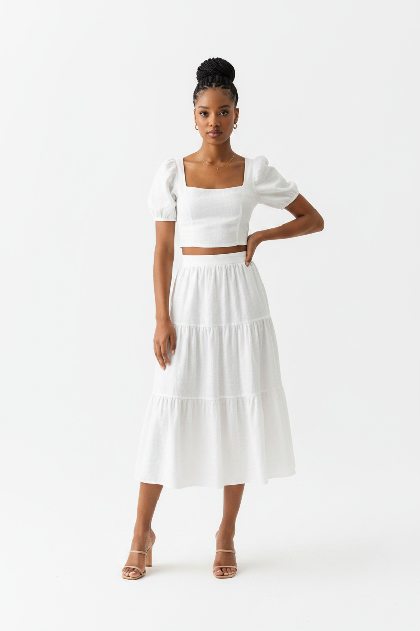 Puff Sleeves Square-Neck Crop Top & Tiered Midi Skirt Set