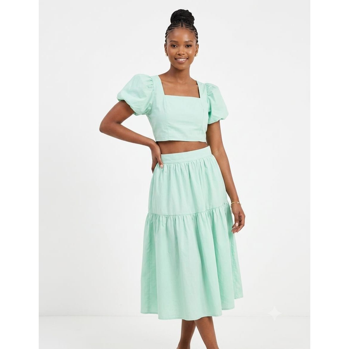 Puff Sleeves Square-Neck Crop Top & Tiered Midi Skirt Set
