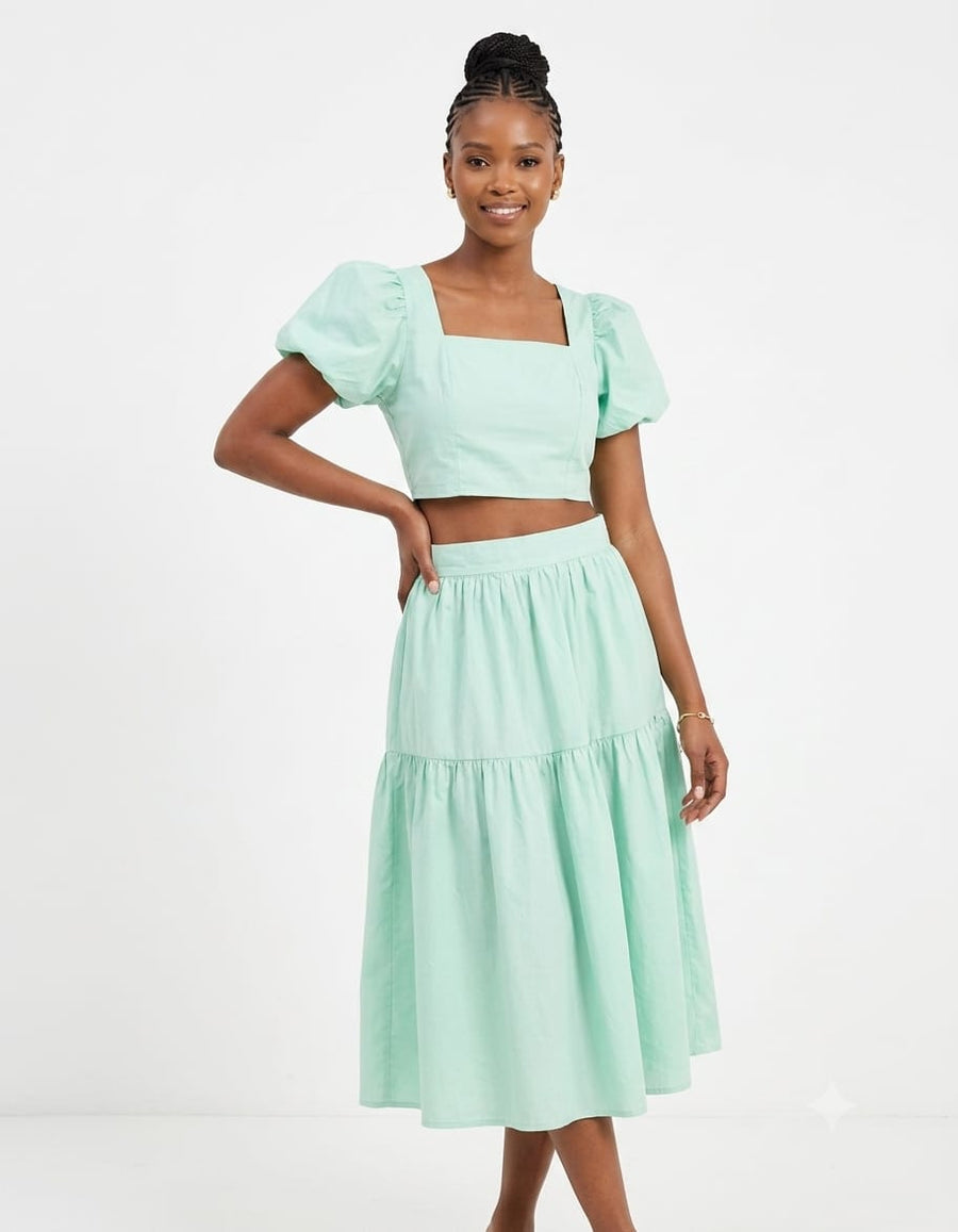 Puff Sleeves Square-Neck Crop Top & Tiered Midi Skirt Set