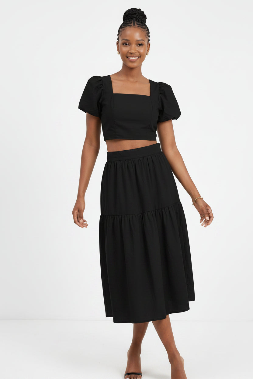 Puff Sleeves Square-Neck Crop Top & Tiered Midi Skirt Set