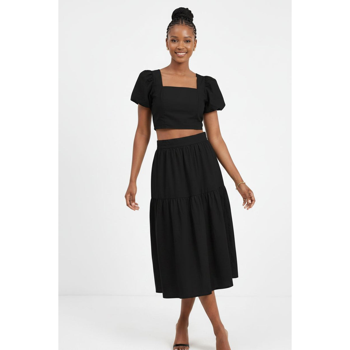 Puff Sleeves Square-Neck Crop Top & Tiered Midi Skirt Set
