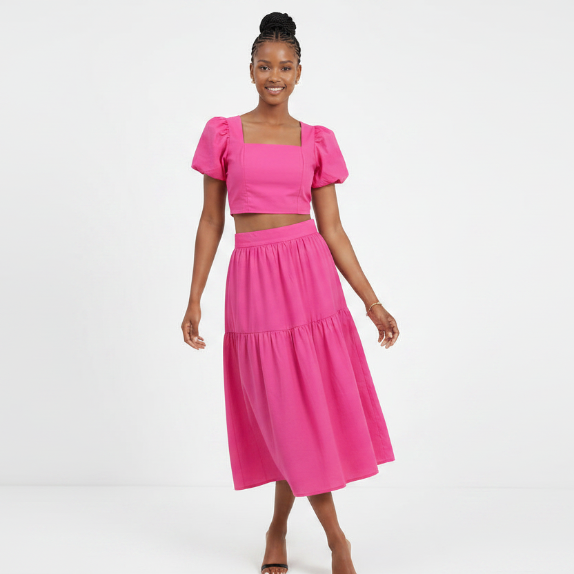 Puff Sleeves Square-Neck Crop Top & Tiered Midi Skirt Set