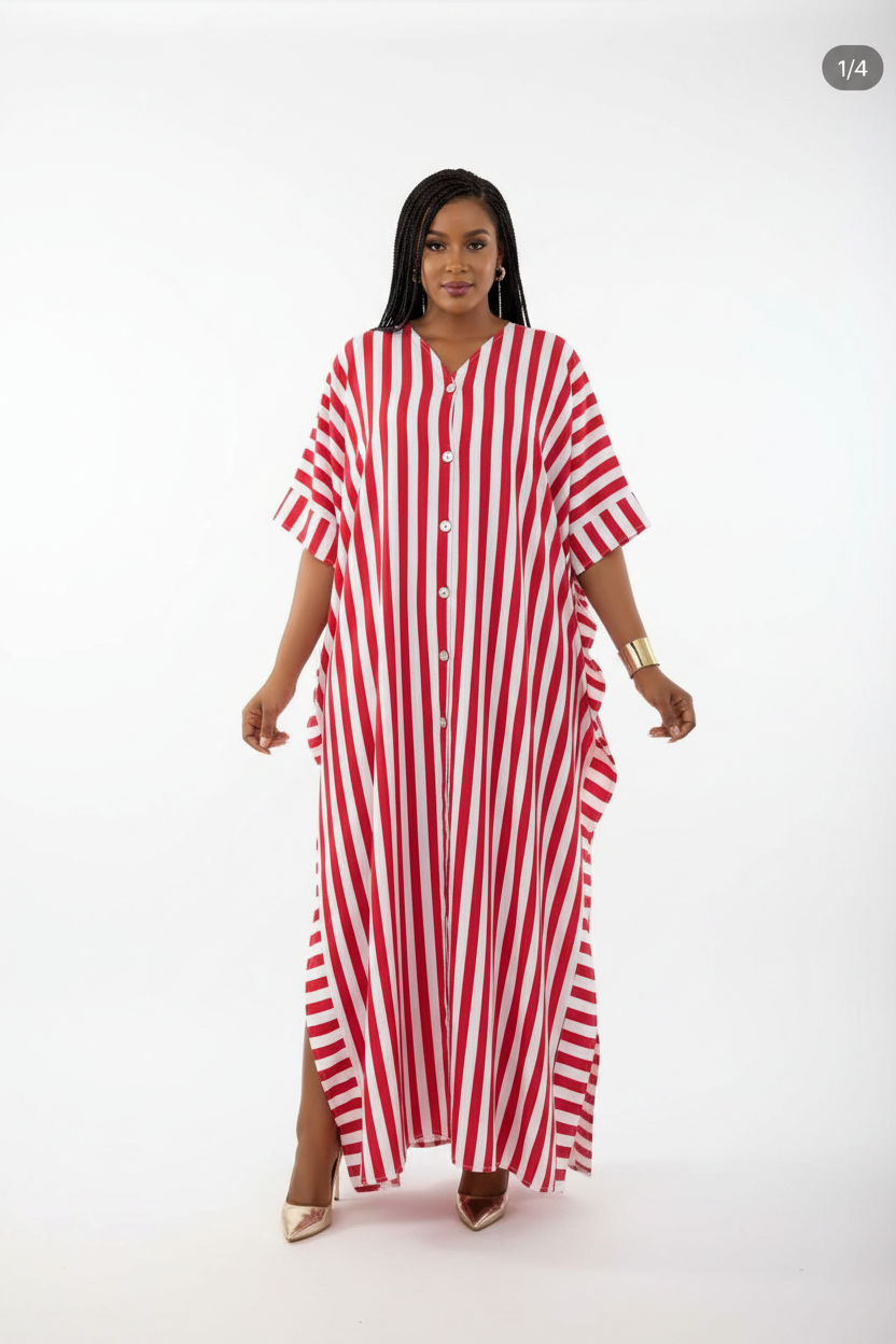 Imani Striped Button-Front Kaftan Maxi Dress