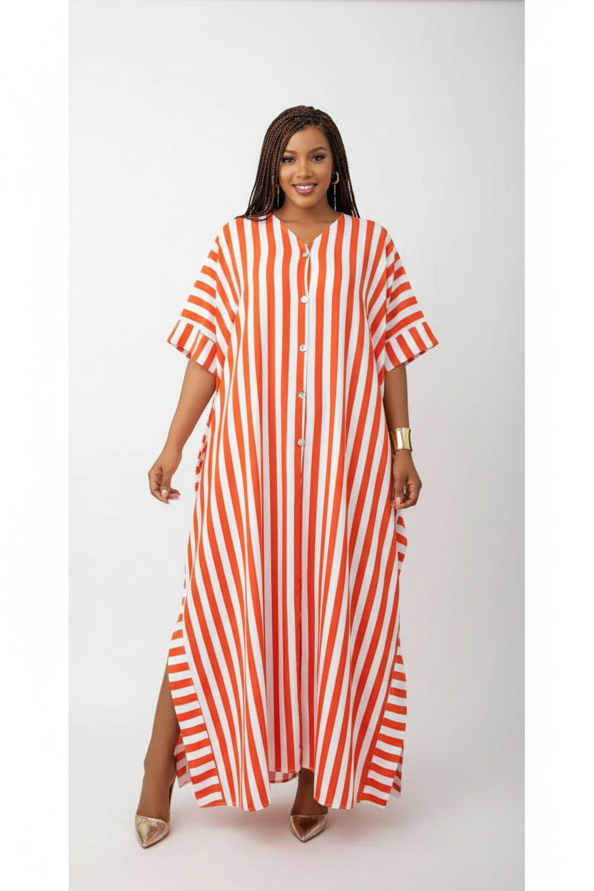 Imani Striped Button-Front Kaftan Maxi Dress