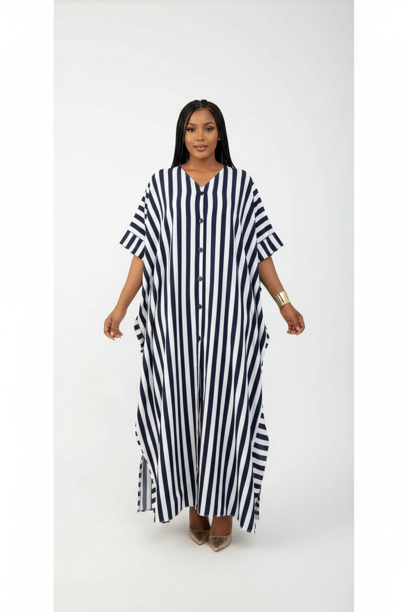 Imani Striped Button-Front Kaftan Maxi Dress