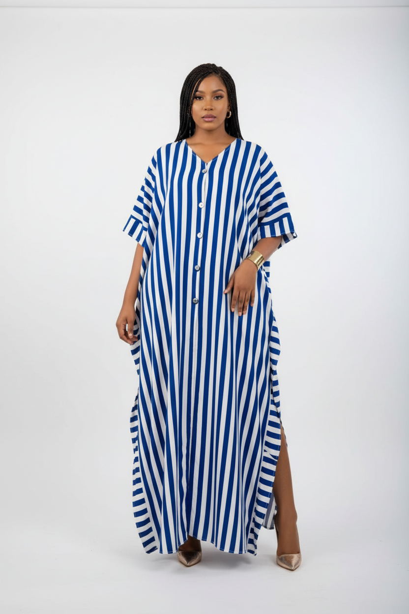Imani Striped Button-Front Kaftan Maxi Dress
