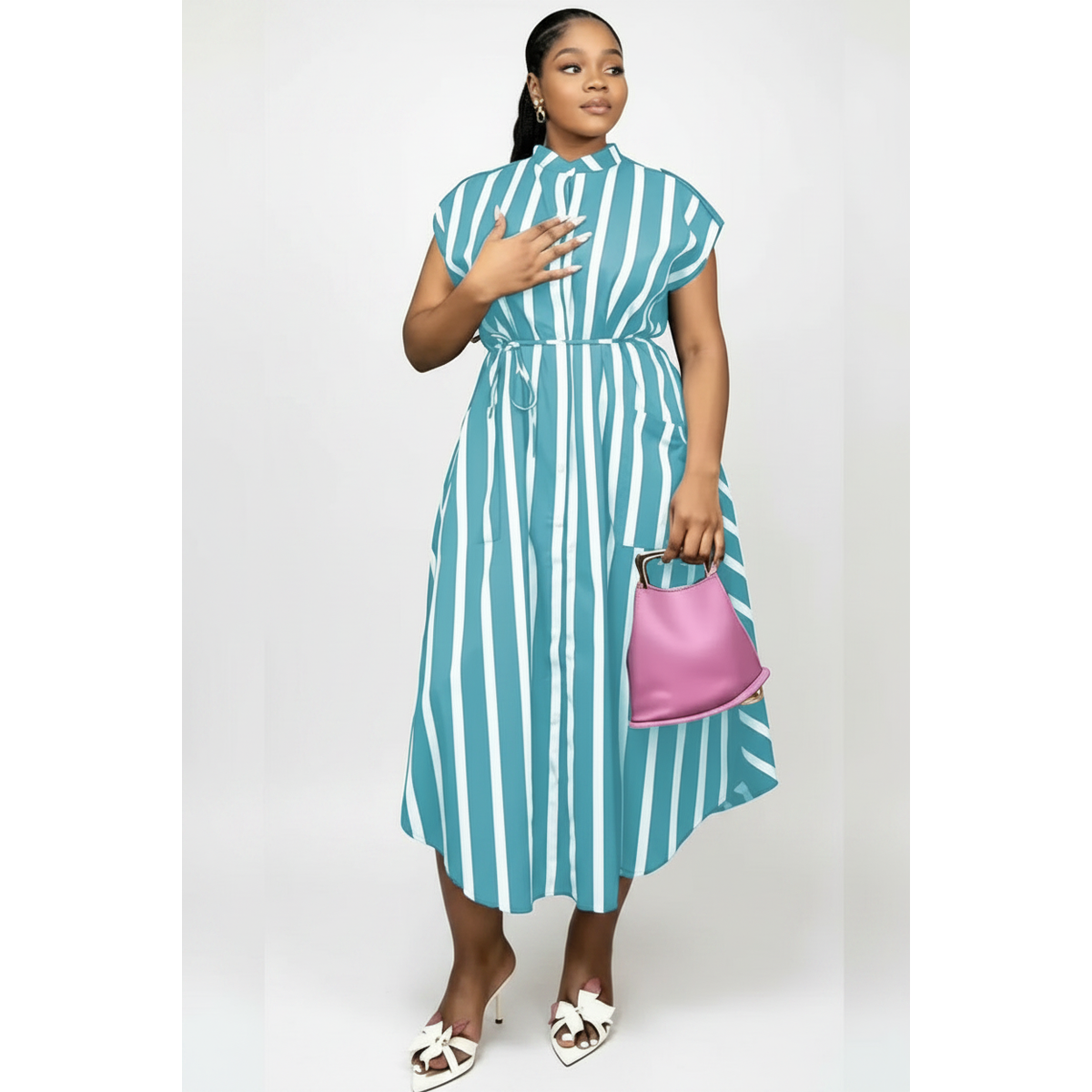 Lerato Striped Drawstring Midi Shirt Dress