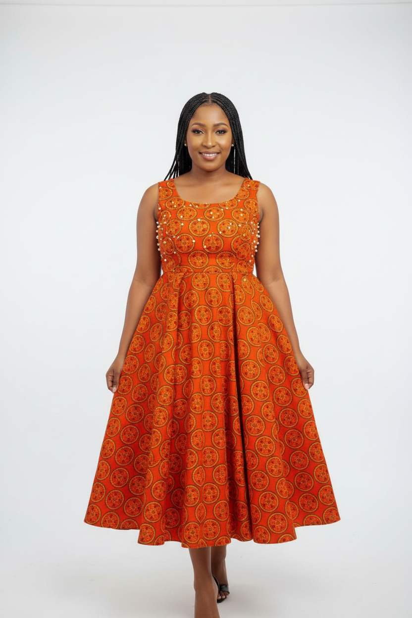 Zanele Traditional Print Fit & Flare Midi Dress