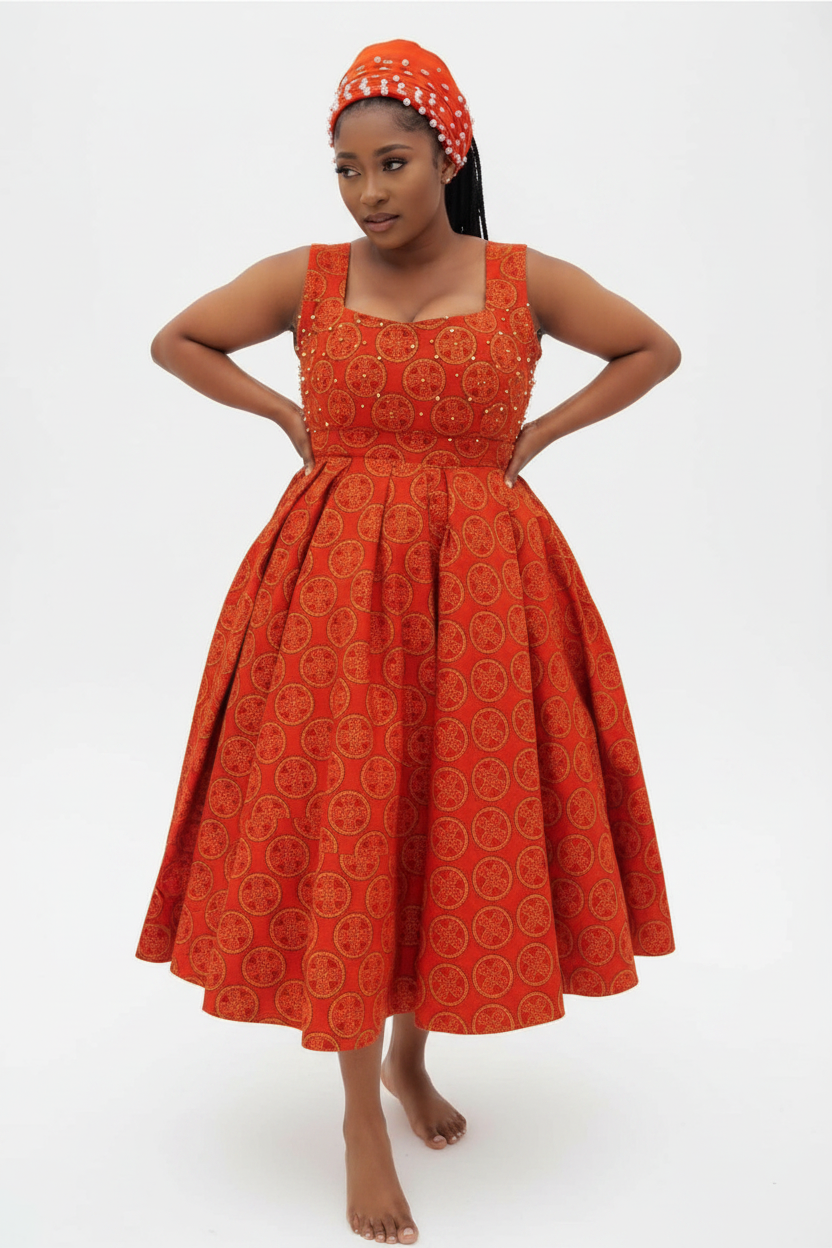 Zanele Traditional Print Fit & Flare Midi Dress