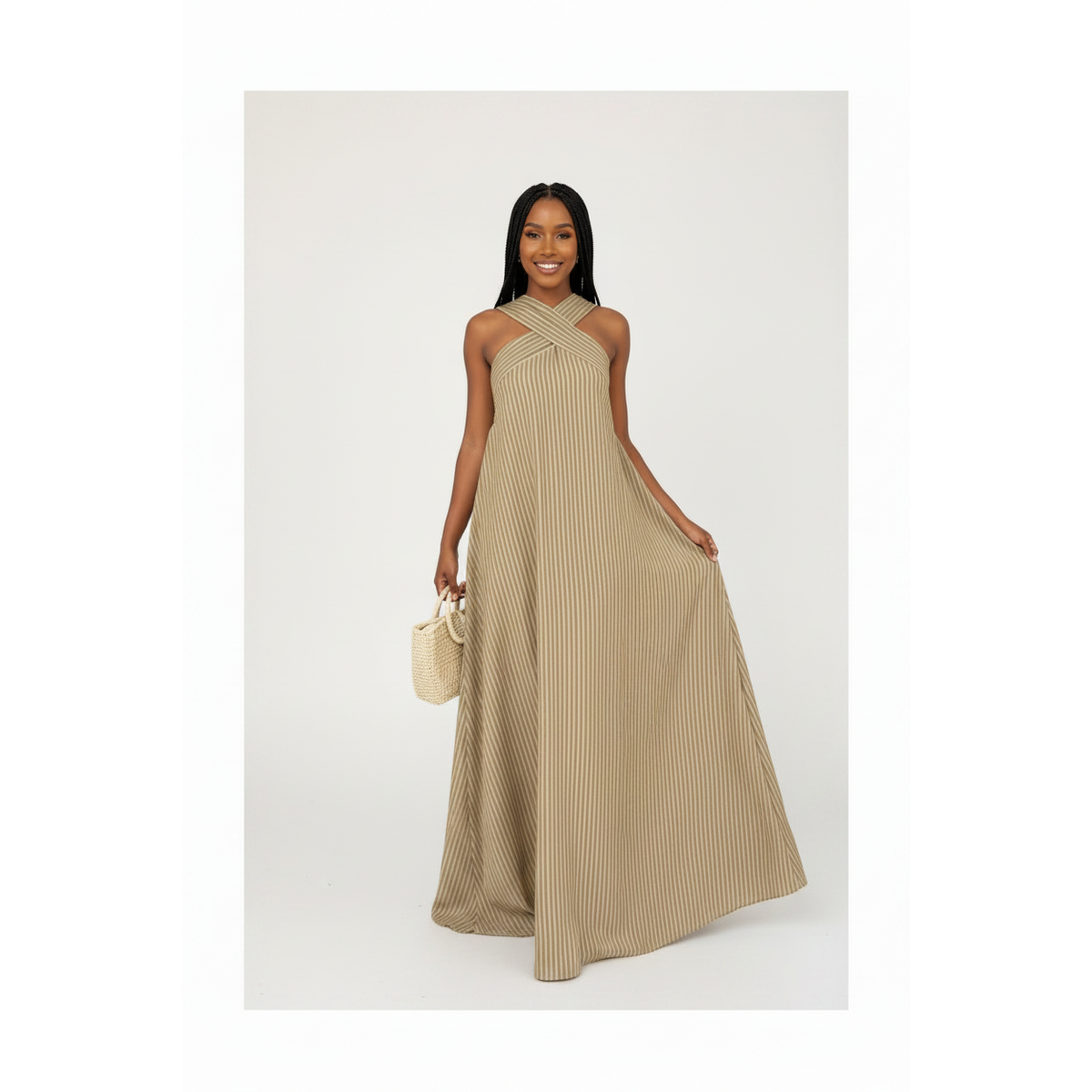 Amara Cross-Neck Striped Maxi Dress