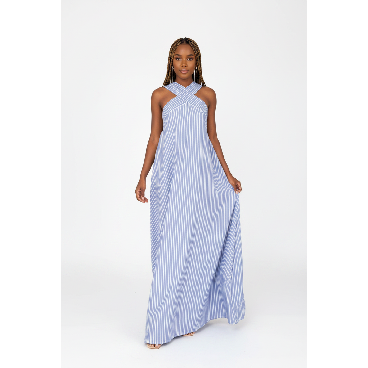 Amara Cross-Neck Striped Maxi Dress