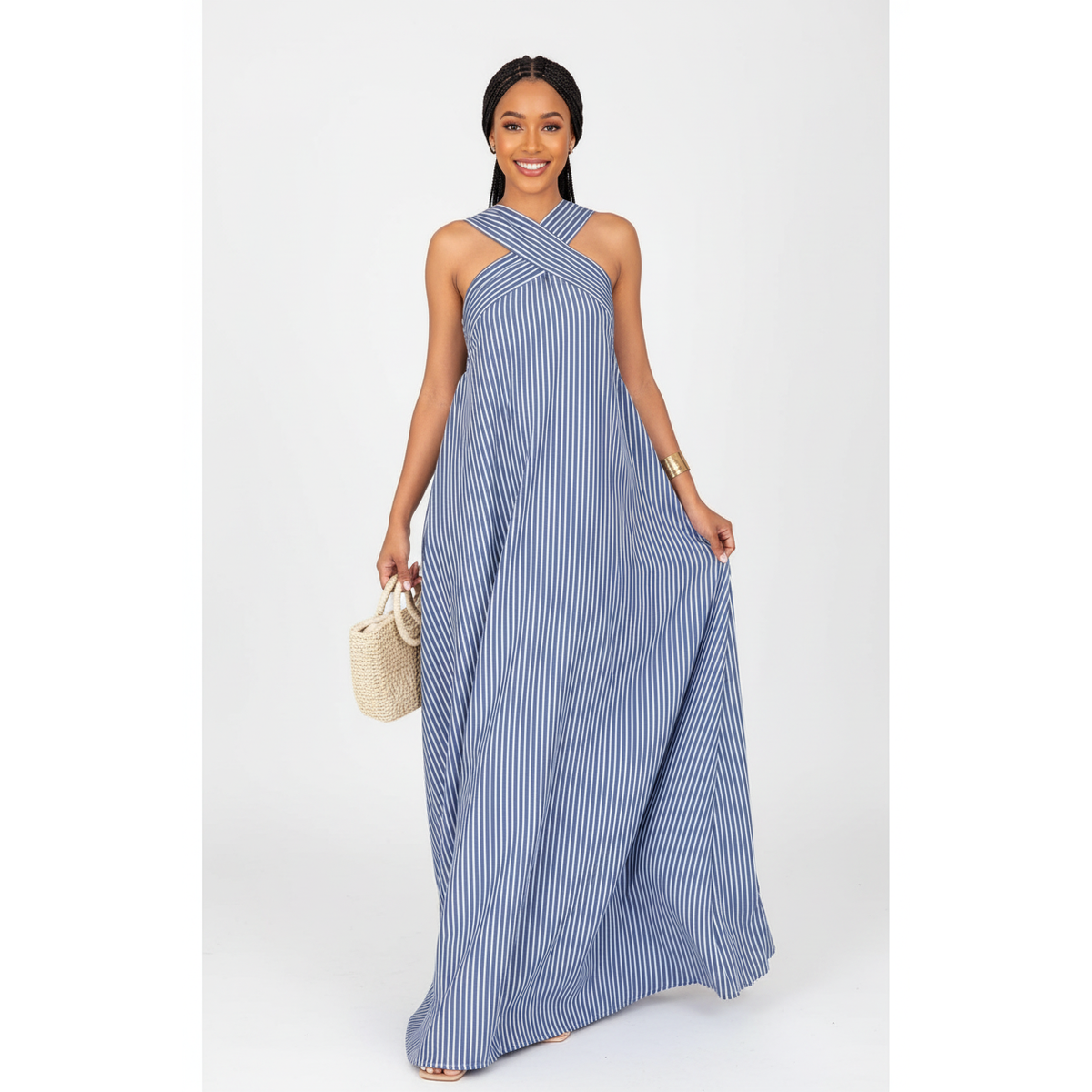 Amara Cross-Neck Striped Maxi Dress