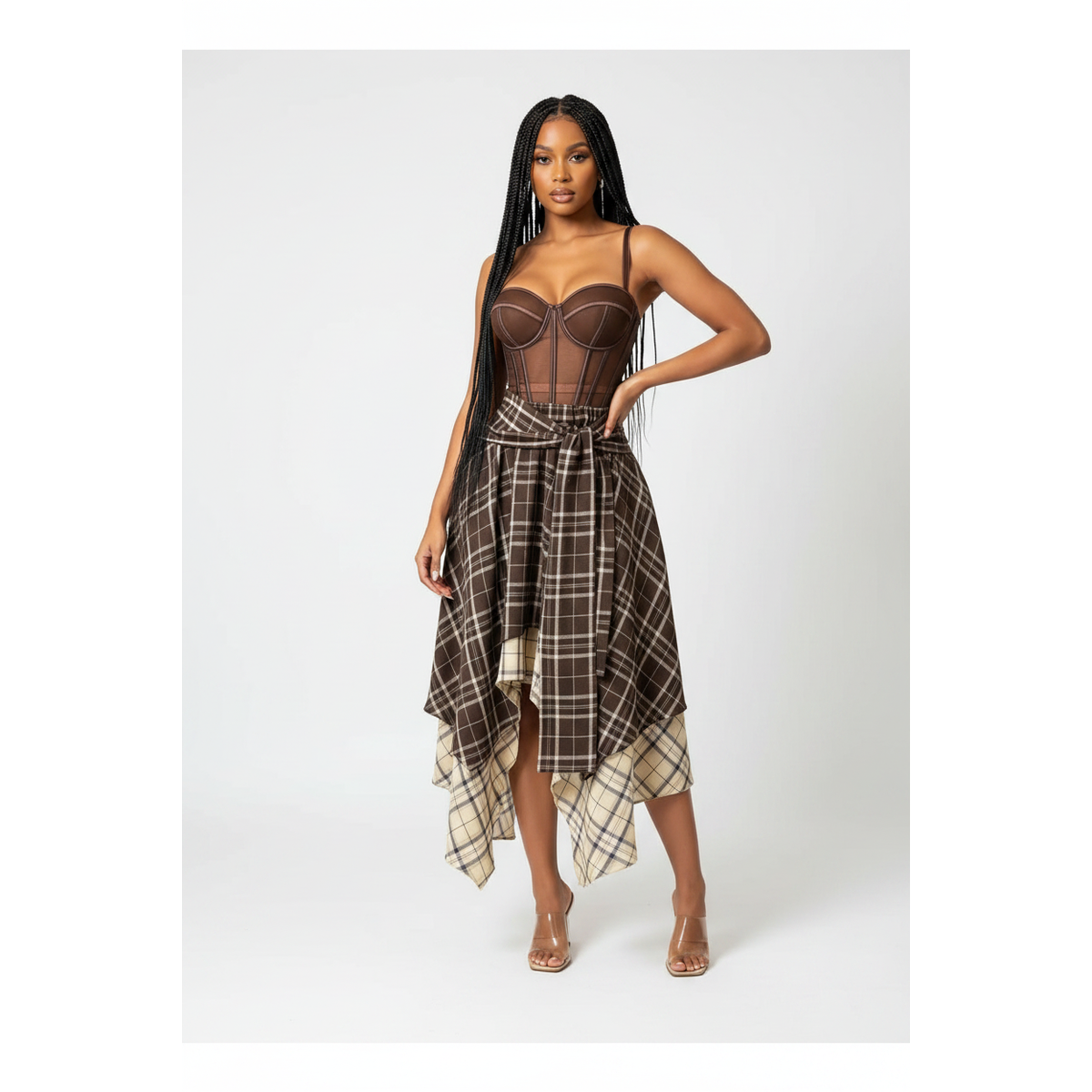 Sienna Plaid Layered High-Low Midi Skirt