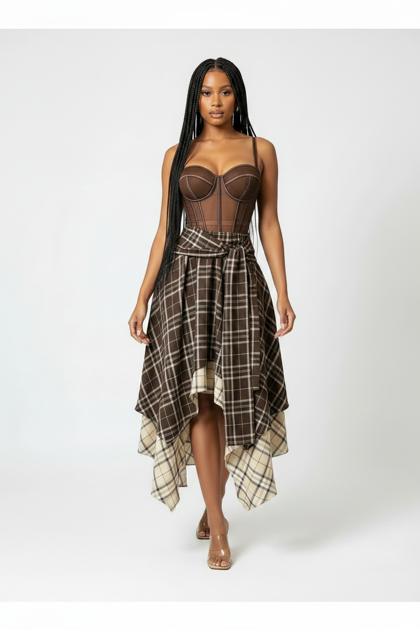 Sienna Plaid Layered High-Low Midi Skirt