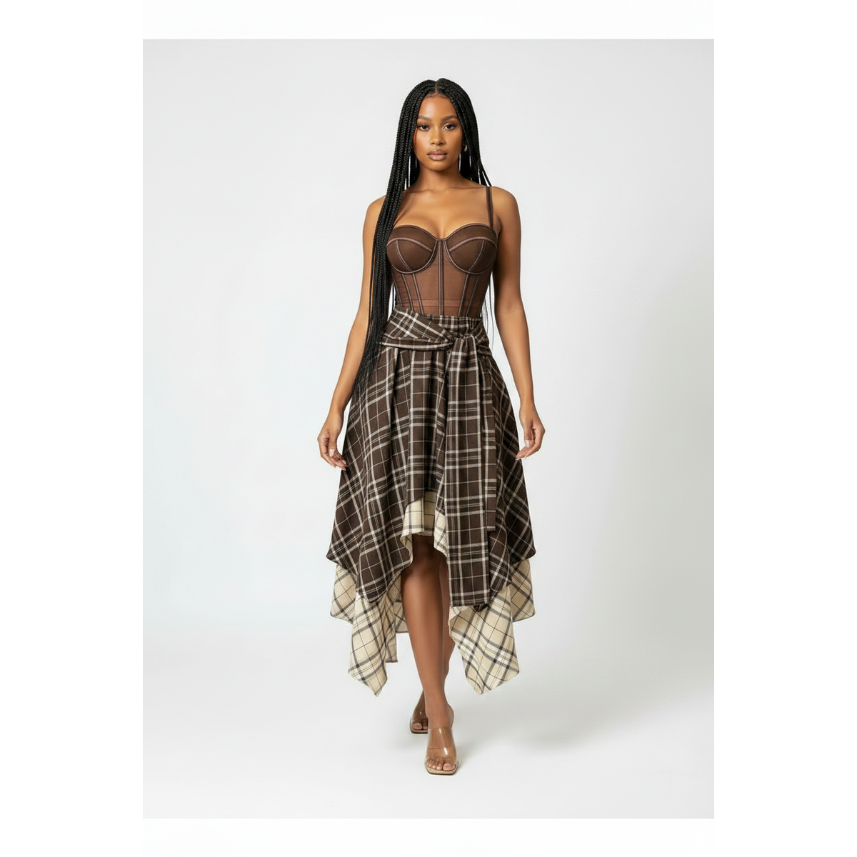 Sienna Plaid Layered High-Low Midi Skirt