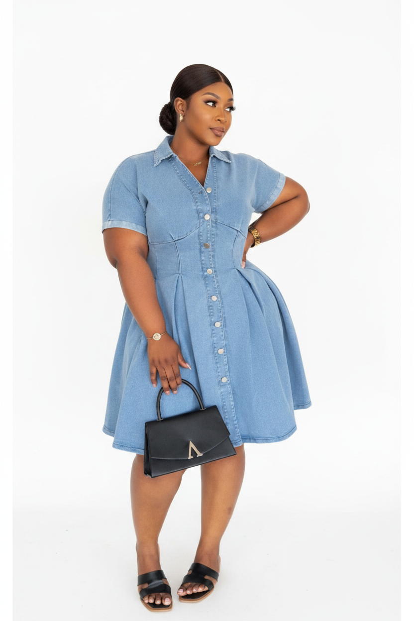 Kayla Button-Front Fit & Flare Denim Midi Dress