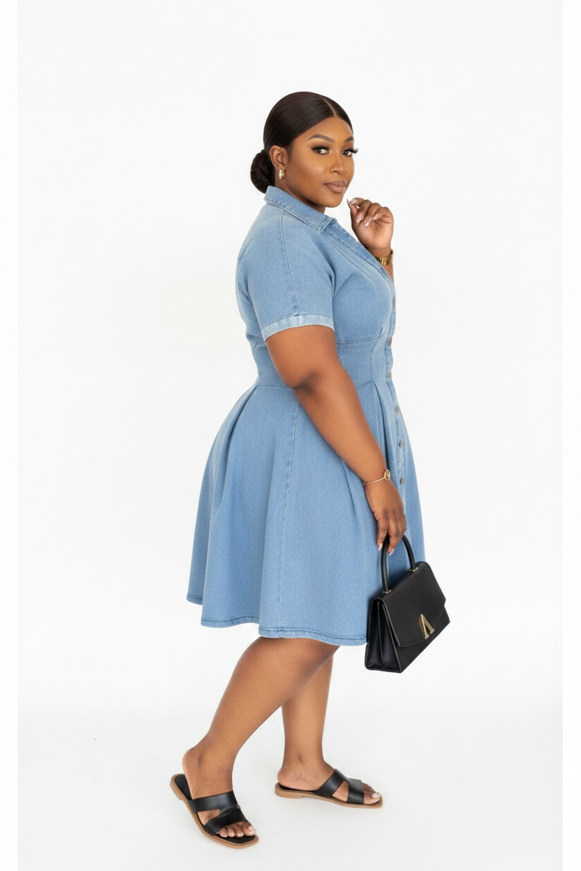 Kayla Button-Front Fit & Flare Denim Midi Dress