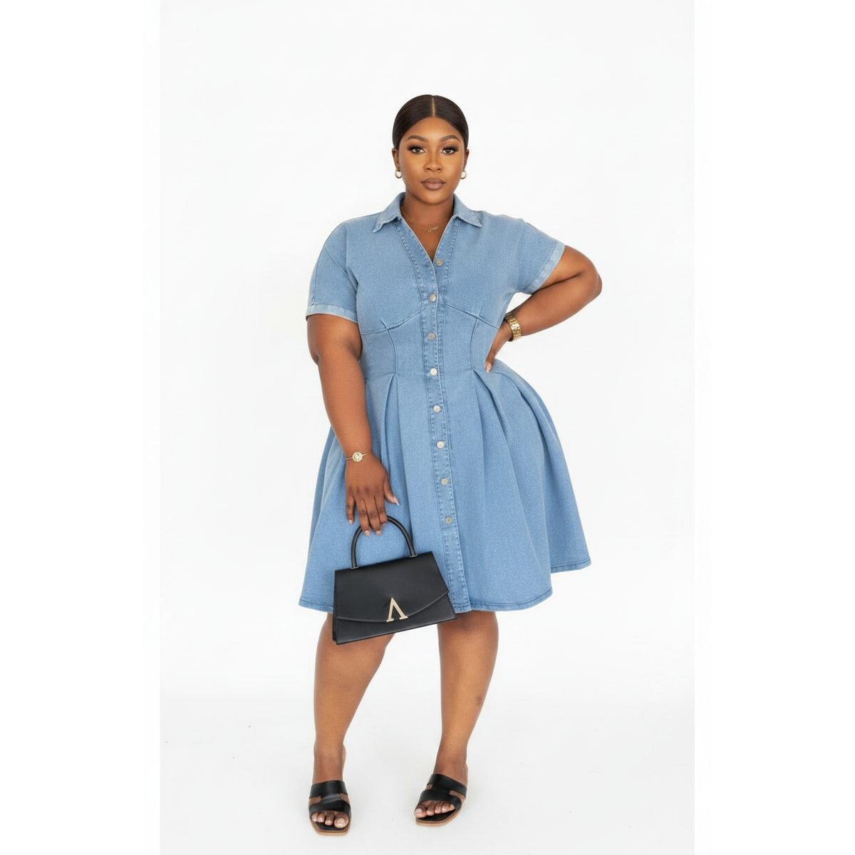 Kayla Button-Front Fit & Flare Denim Midi Dress
