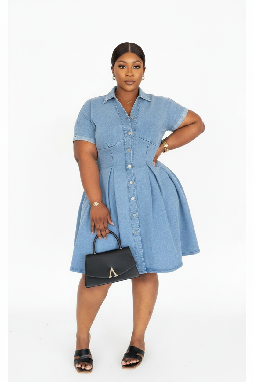 Kayla Button-Front Fit & Flare Denim Midi Dress