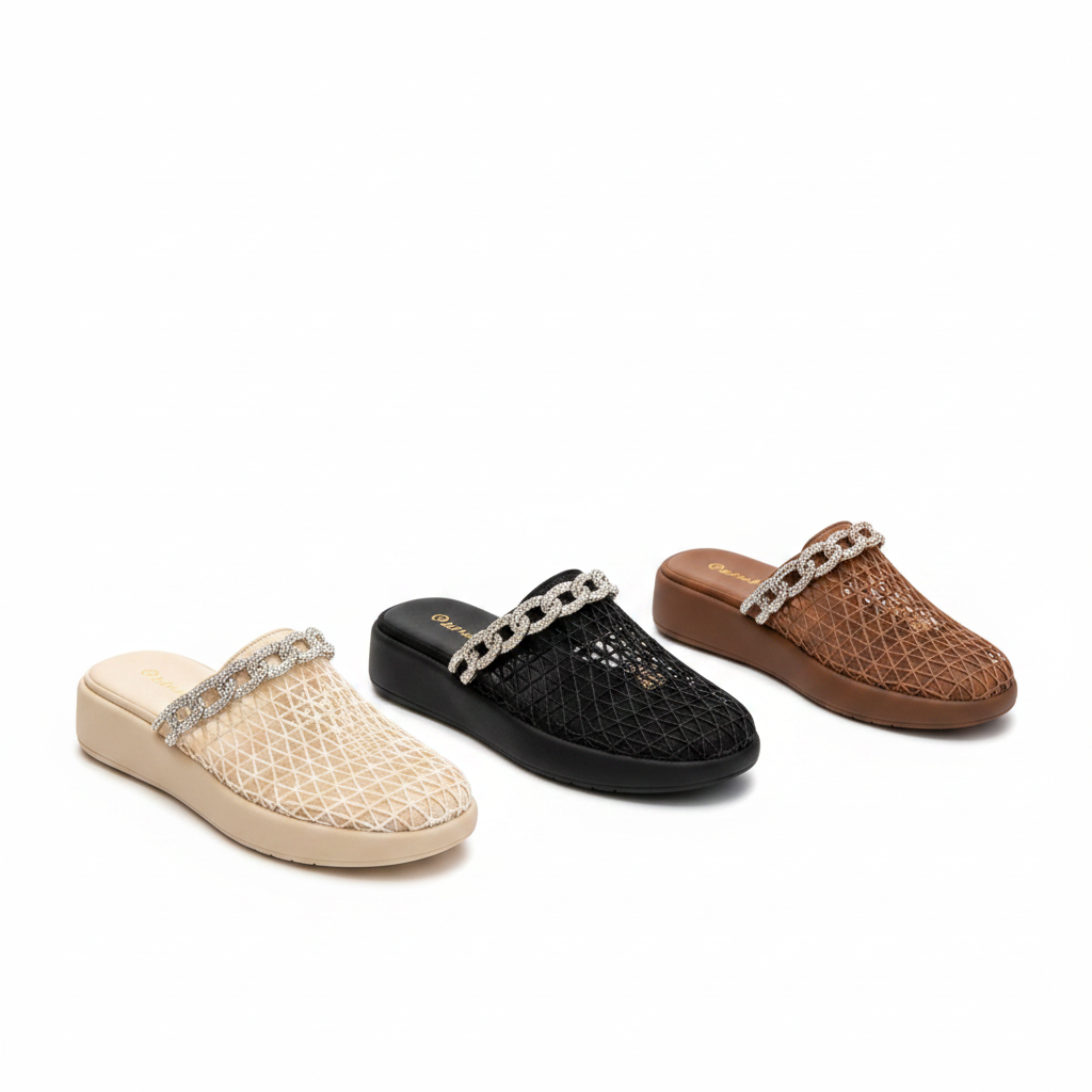 Ladies Rhinestone Chain Strap Platform Mules