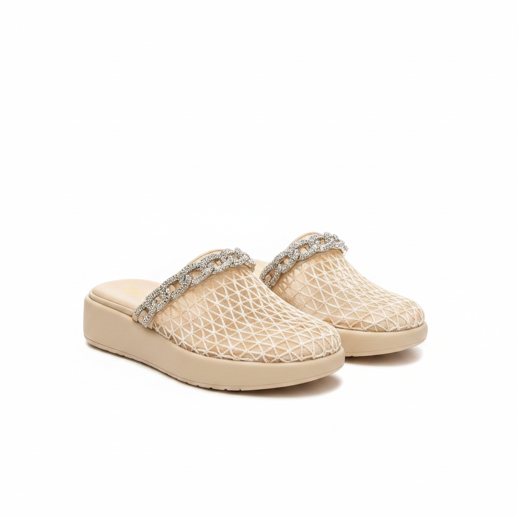 Ladies Rhinestone Chain Strap Platform Mules