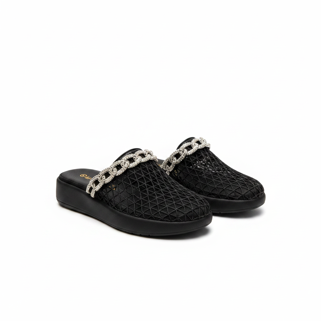 Ladies Rhinestone Chain Strap Platform Mules