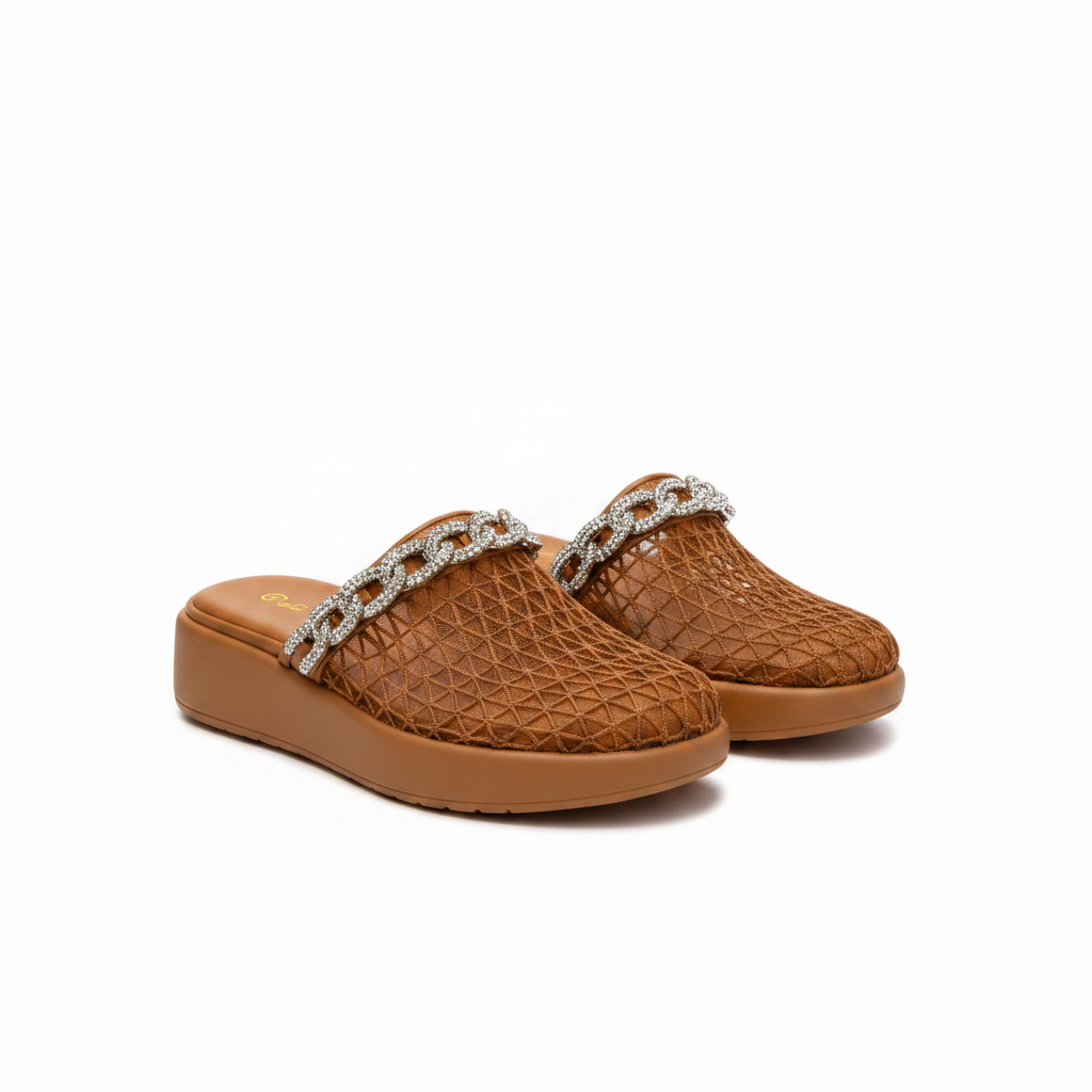 Ladies Rhinestone Chain Strap Platform Mules