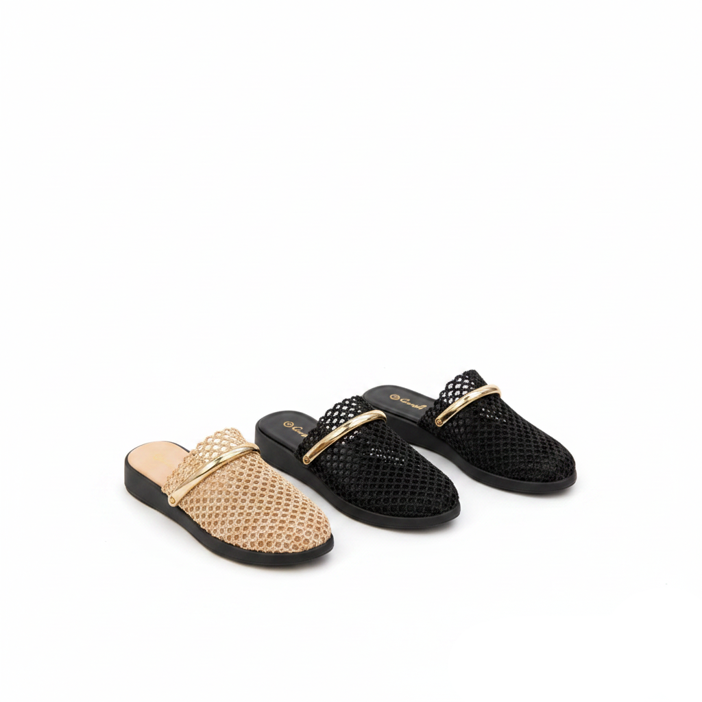 Ladies Gold Metallic Fishnet Mules