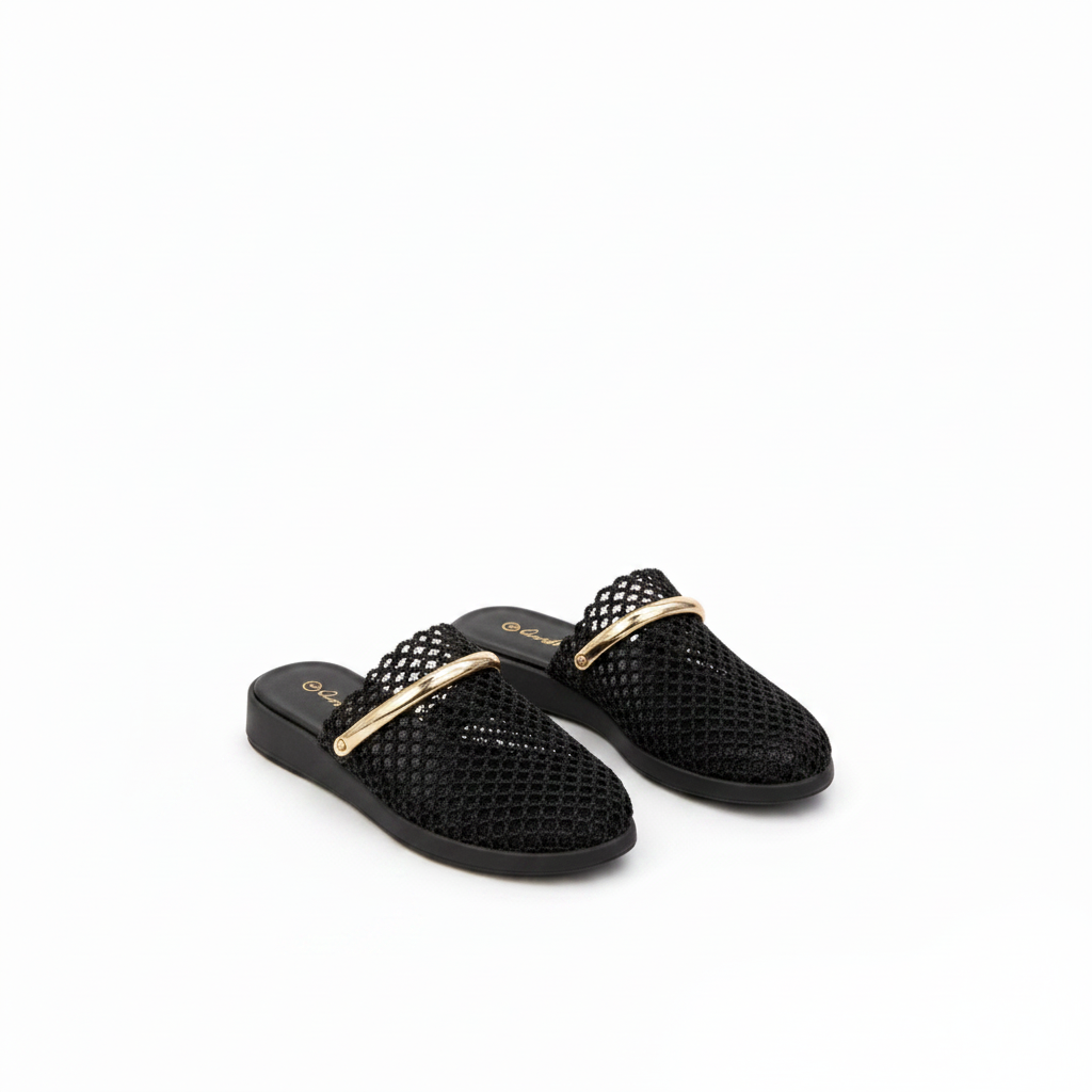 Ladies Gold Metallic Fishnet Mules