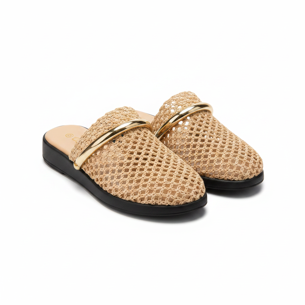 Ladies Gold Metallic Fishnet Mules