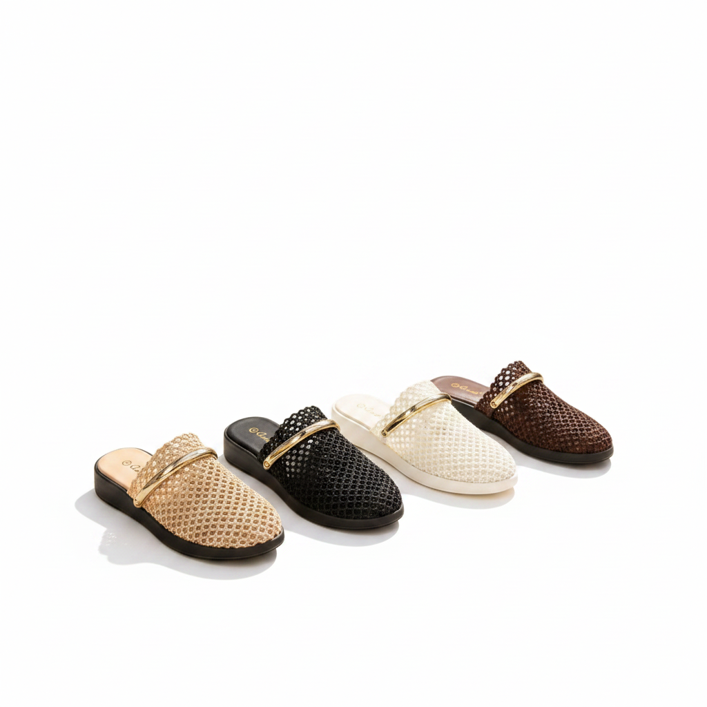 Ladies Gold Metallic Fishnet Mules