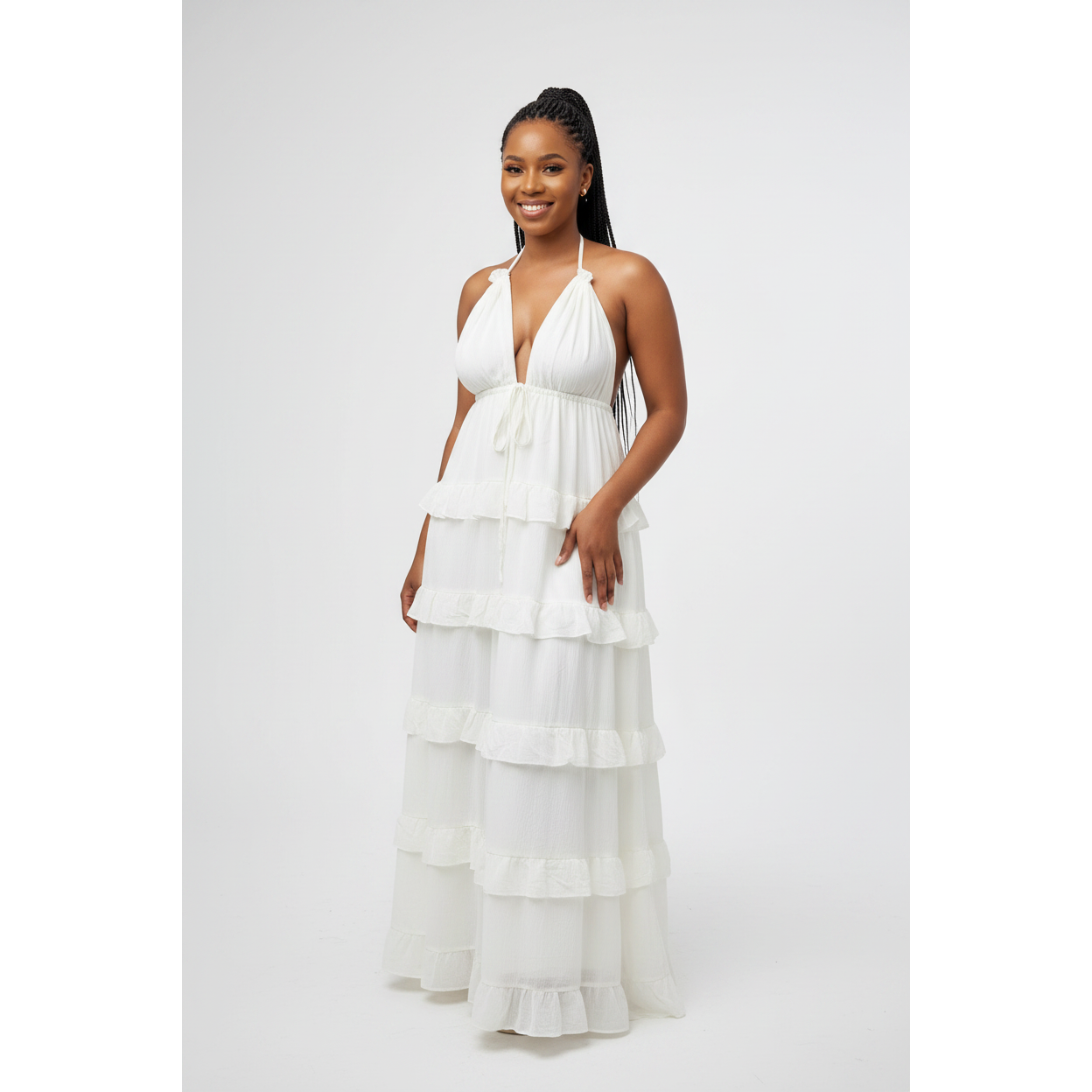 Backless Ruffled Layered Halter Maxi Dress