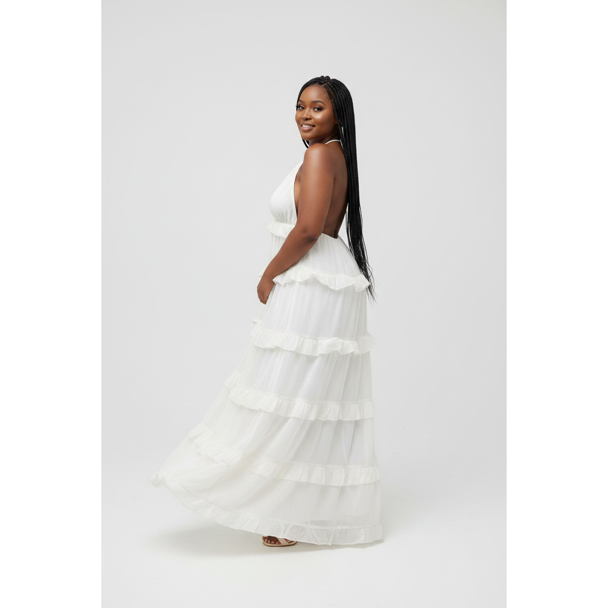 Backless Ruffled Layered Halter Maxi Dress