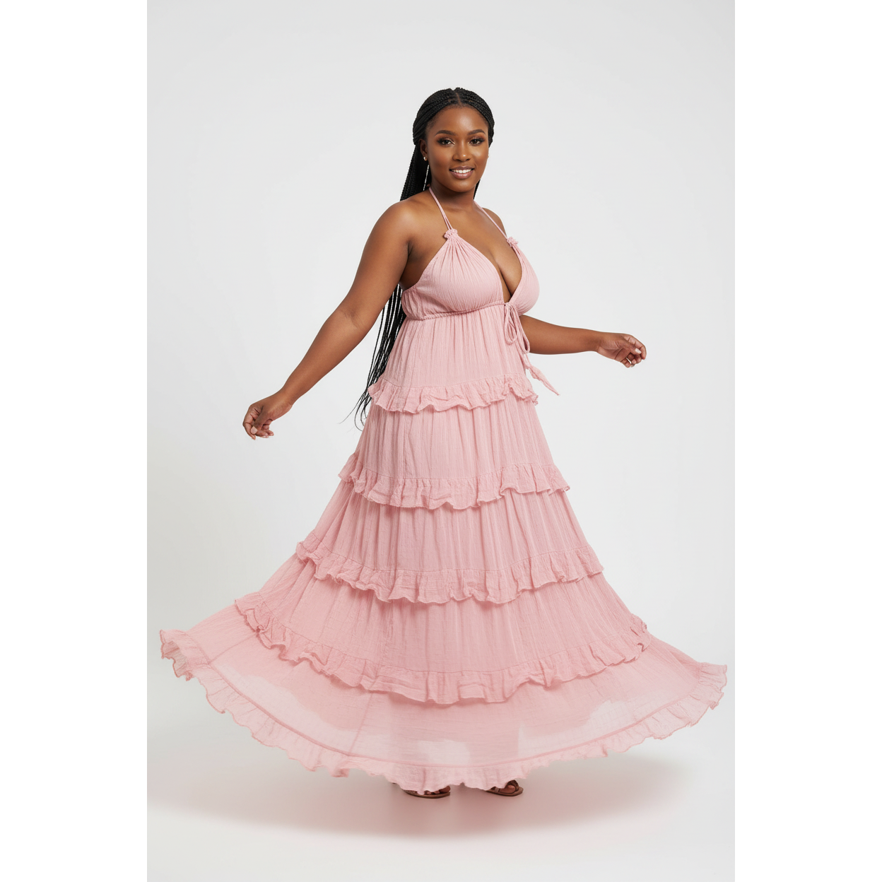 Backless Ruffled Layered Halter Maxi Dress