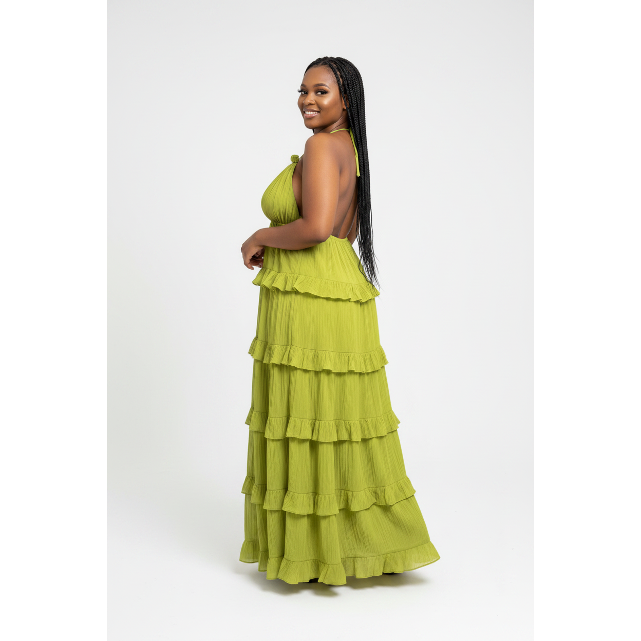 Backless Ruffled Layered Halter Maxi Dress