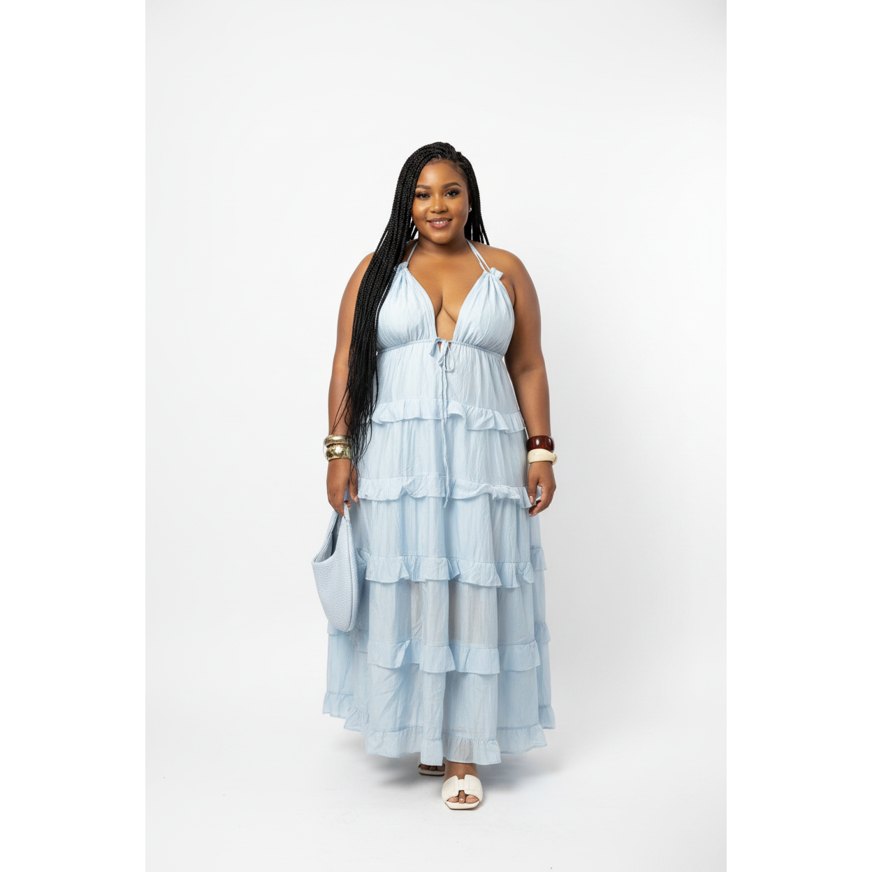 Backless Ruffled Layered Halter Maxi Dress